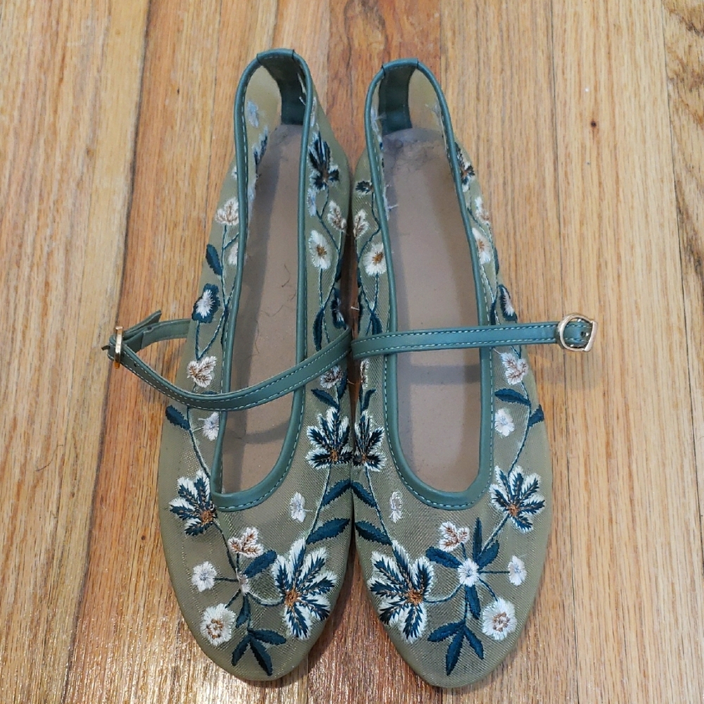 Zara Floral Embroidered Mary Jane Flats